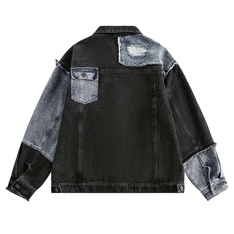 Vintage Plaid Patchwork Hi Street Denim Jackets Ripped Streetwear Washed Outwear Tops For Male