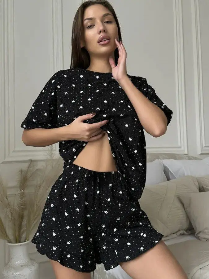 

Women's Loose Two-Piece Pajama Set Printed Sleepwear Comfortable Home Clothes Short Sleeve round Neck Polyester Fabric