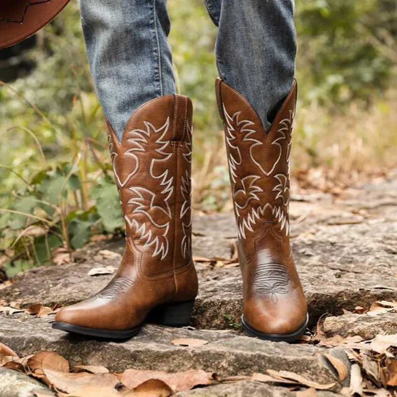 Punk Goth Cowboy Boots Faux Leather Shoes Retro Men Women Embroidered Western Ethnic Boot Motorcycle Shoe Zapatos Hombres Unisex