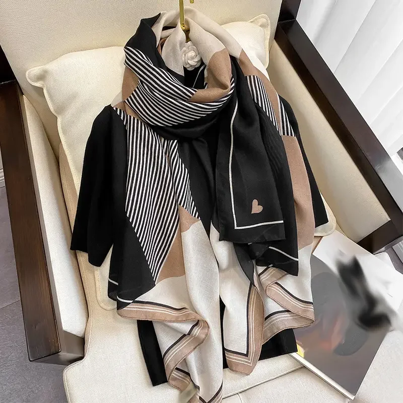 Classic Black White Striped Scarf Elegant Thin Breathable Silky Shawl Spring Summer Sunscreen Soft Beach Towel