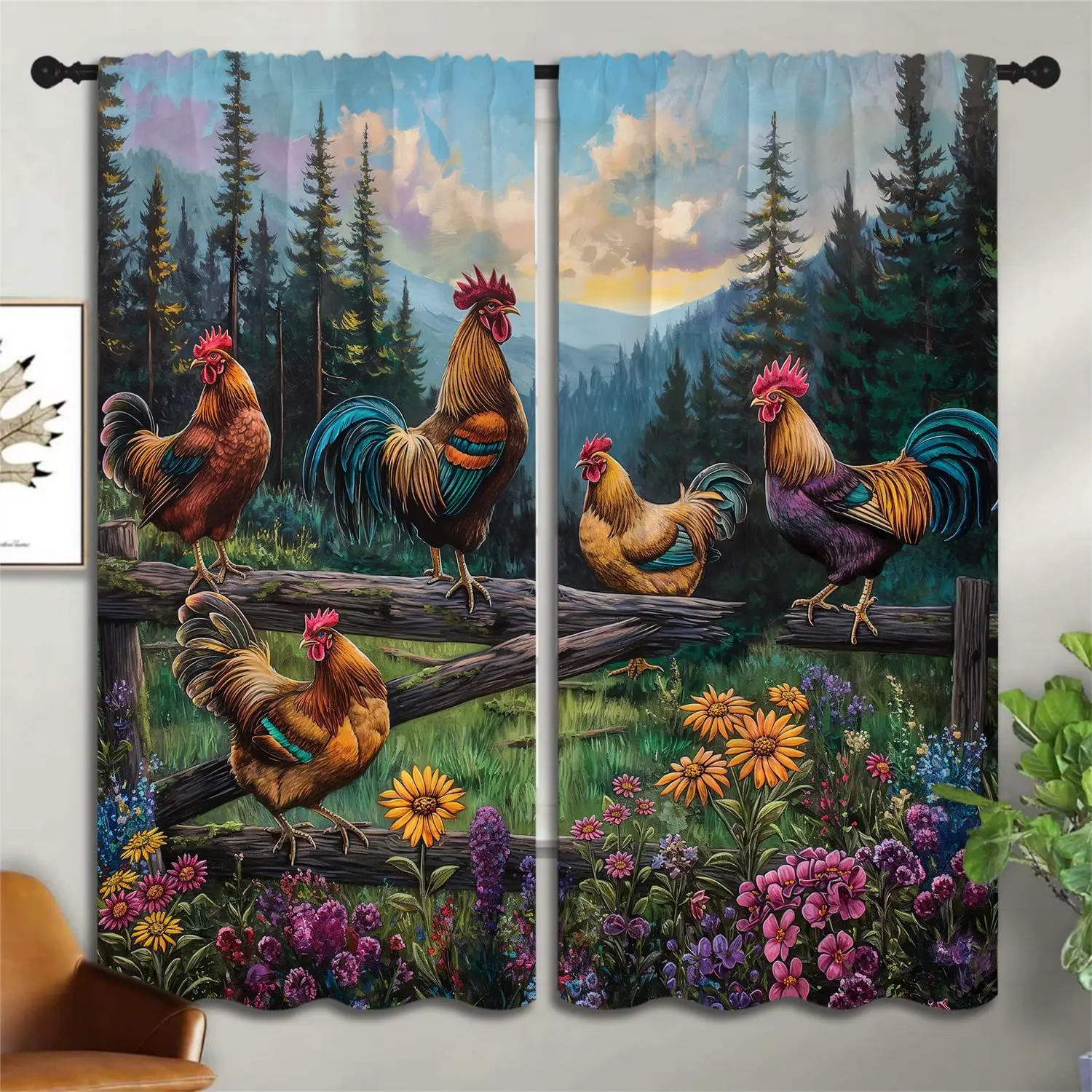 Farm Rooster Boy Girls Blackout Curtains,Western Rustic Farmhouse Chicken, 2 Panel Rod Pocket Thermal Insulated Drapes Bedroom