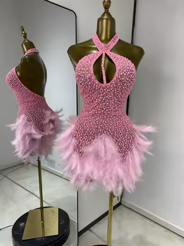 Special Occassion Dress Women Baby Pink Halter Backless Pearls Rhinestones Feathers Bodycon Mini Evening Club Party Dresses