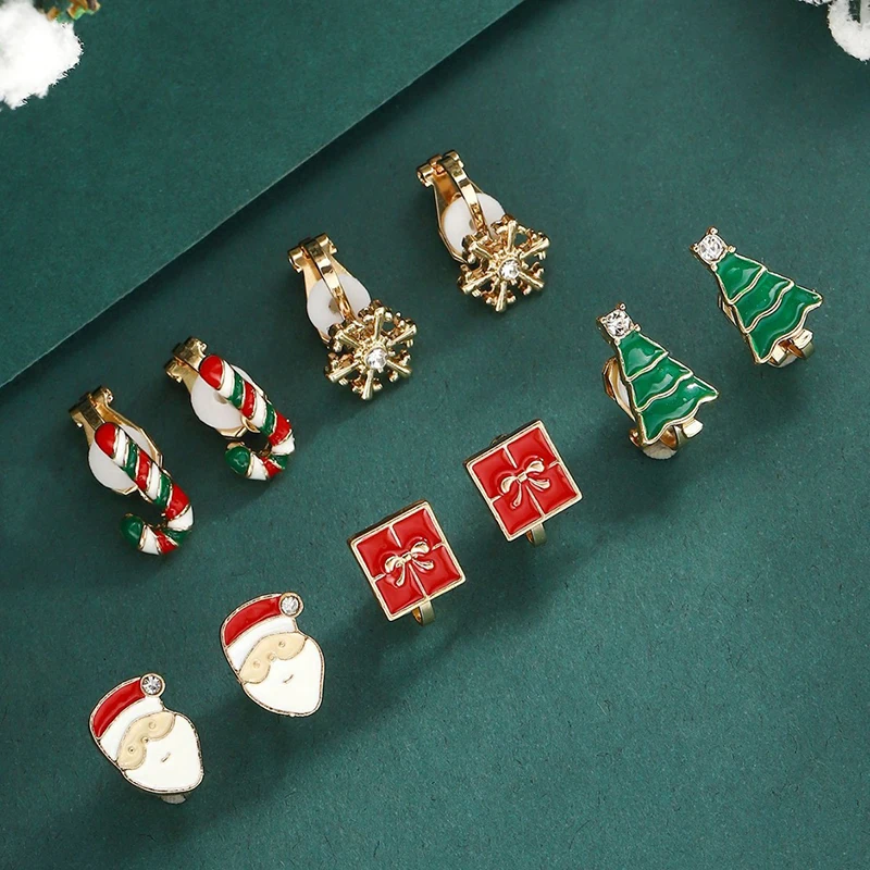 5Pairs Cartoon Christmas Clip Earring For Women Girls Cute Xmas Tree Crutch Santa Claus Ear Clip Jewelry Accessories Gifts