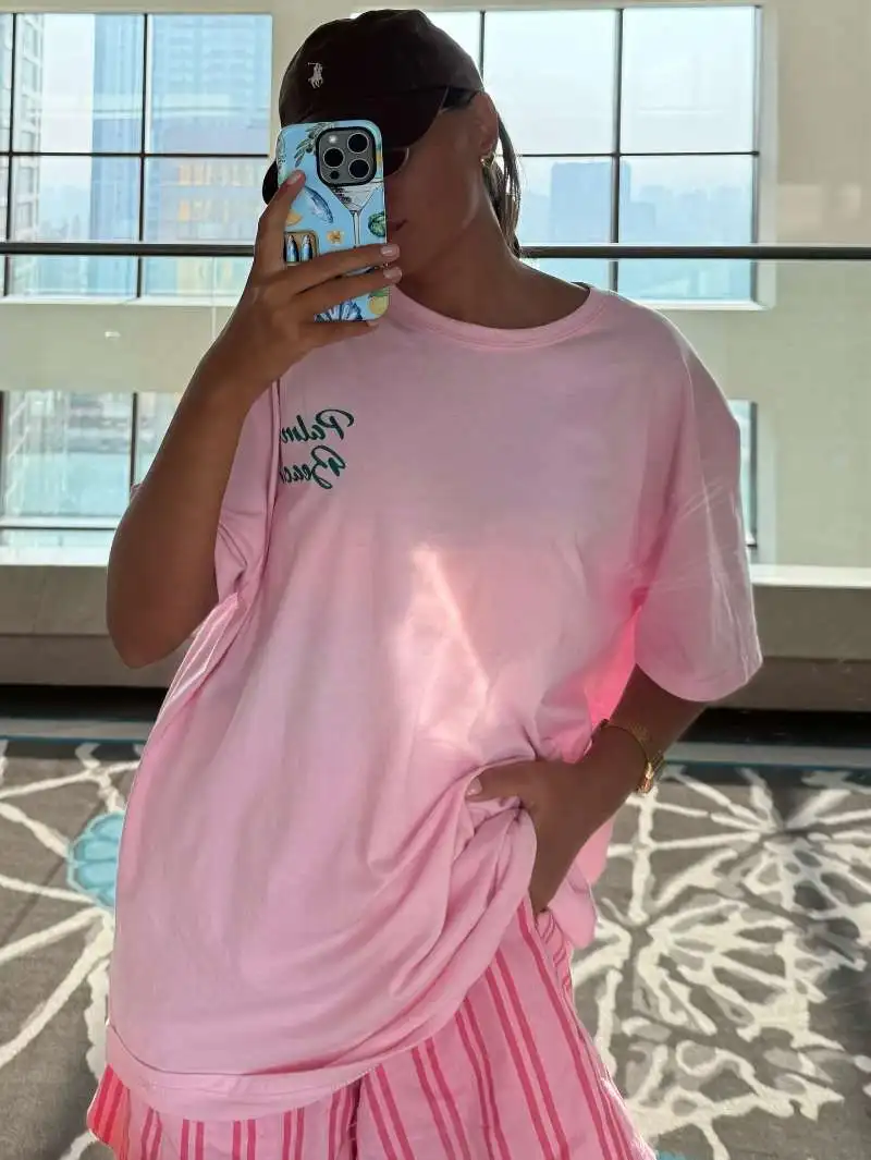 Vintage Summer Ocean Print Spicy Girl Loose Casual Pink Short Sleeve T-Shirt Women Trendy Street Style Oversize Cotton round ...
