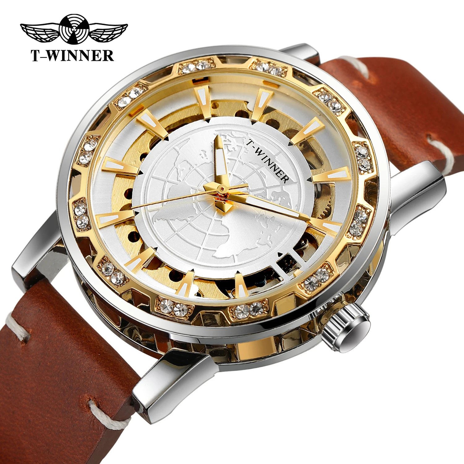 

Winner Design World Map Transparent Skeleton Mechanical Watch for Men Fashion Diamond Luminous Luxury leather strap Unisex