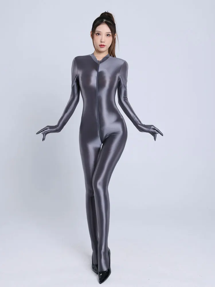 

Shiny Sexy Tights Sheer See Through Double Zipper Open Crotch Bodysuit Bodycon Pantyhose Leotard Elastic Shaping Jumpsuits Glove