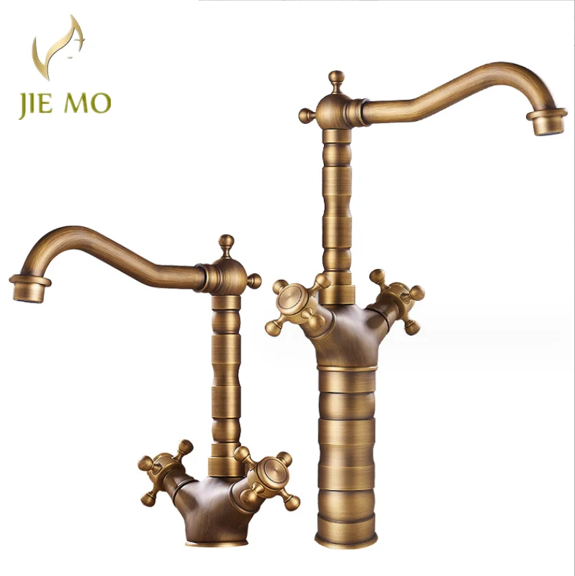 Retro Brass basin faucet kitchen two-handed wheel raised table basin hot and cold anti-splash faucet