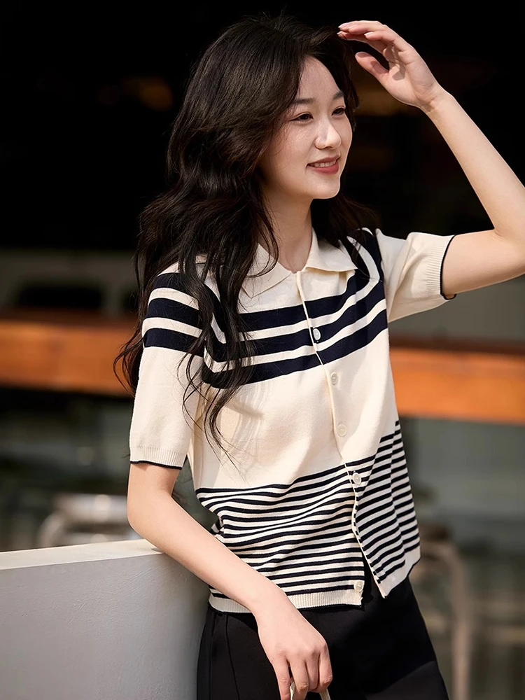 

Korean Sle Ne Knitted Stripe Color Blo ort Sve Casual Open Cardigan Women's Summer New Simple Faion Top
