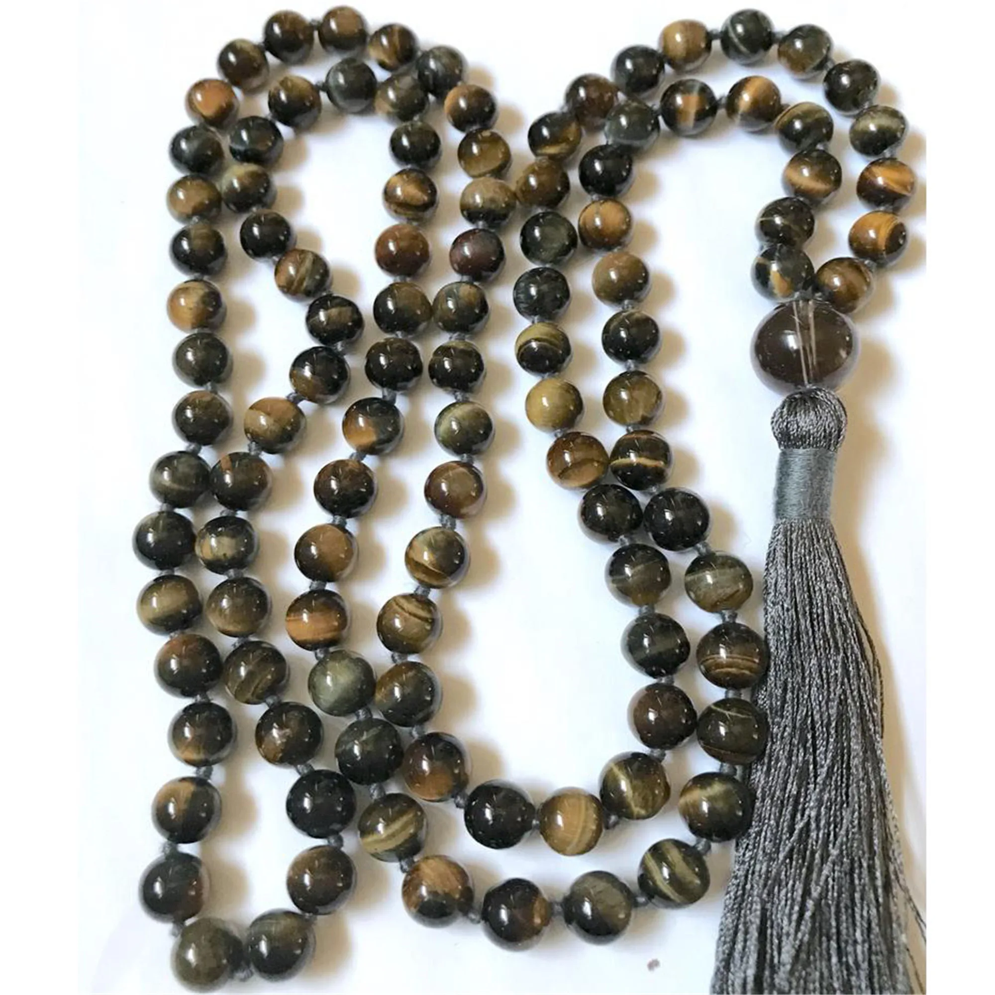 

8mm Natural Tiger Eye 108 Beads Tassel Knot Necklace Couples BohemianMeditation Lariat Fashion Nirvana Spiritual Mala