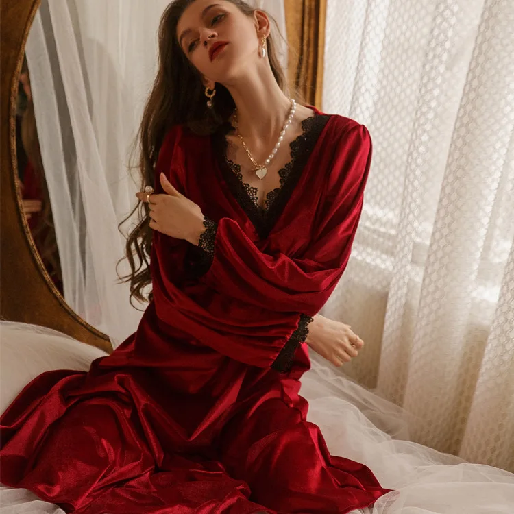 Burgundy Velvet Nightgown Long Sleepwear Warm Homewear Lady Elegant Nightdress Autumn Winter Warmth Home Clothing Nightwear