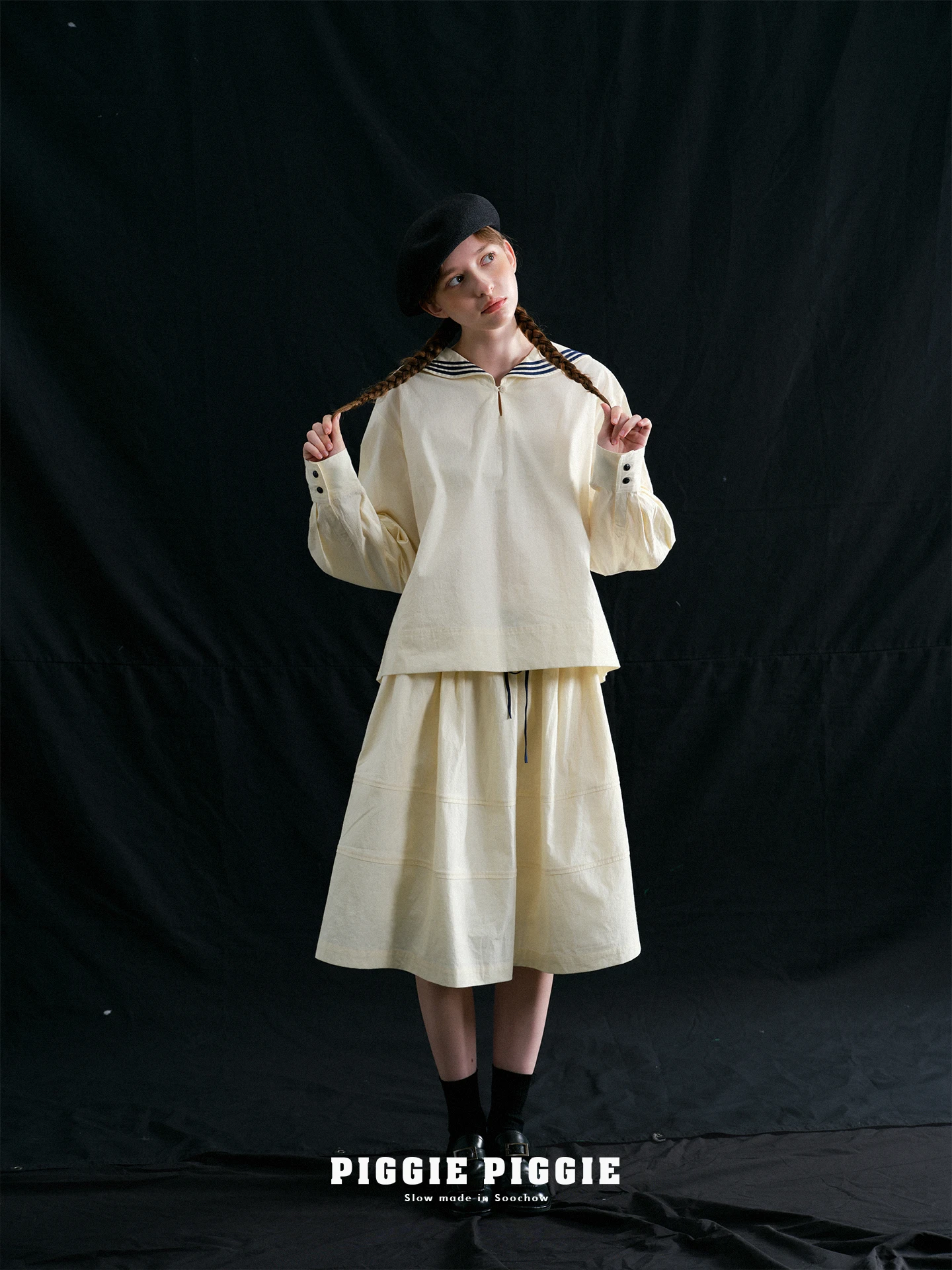 

Japanese Sle Loose Fit Cotton irt Navy Collar f Skirt Vertical Texture Piggie Piggie Women's Faion Moisture ng