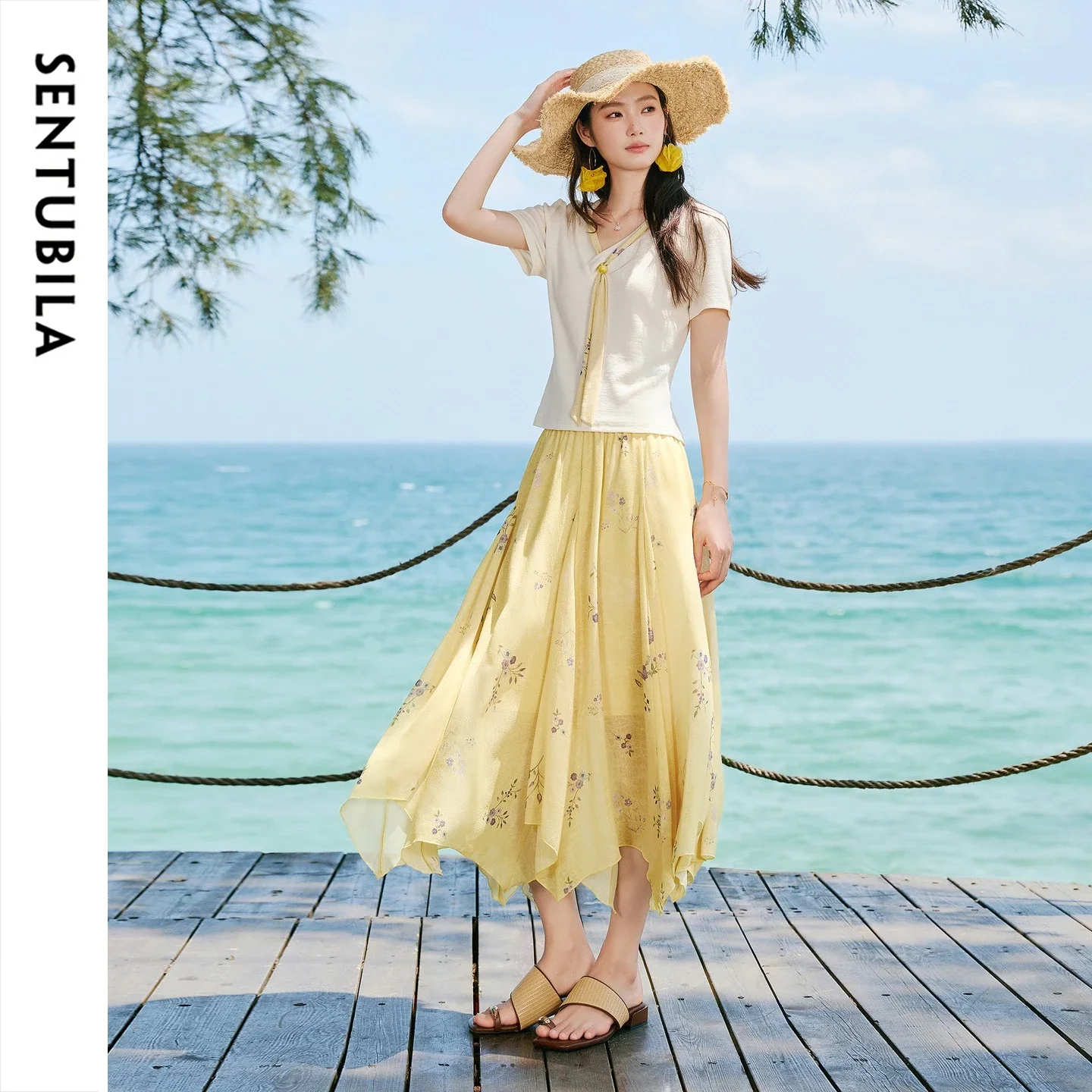 SENTUBILA Women's Two Piece Skirt Set 2026 Summer Knitted T-shirt Elastic Waist Yellow Printed Chiffon Skirt Suit  Q62ZC7292
