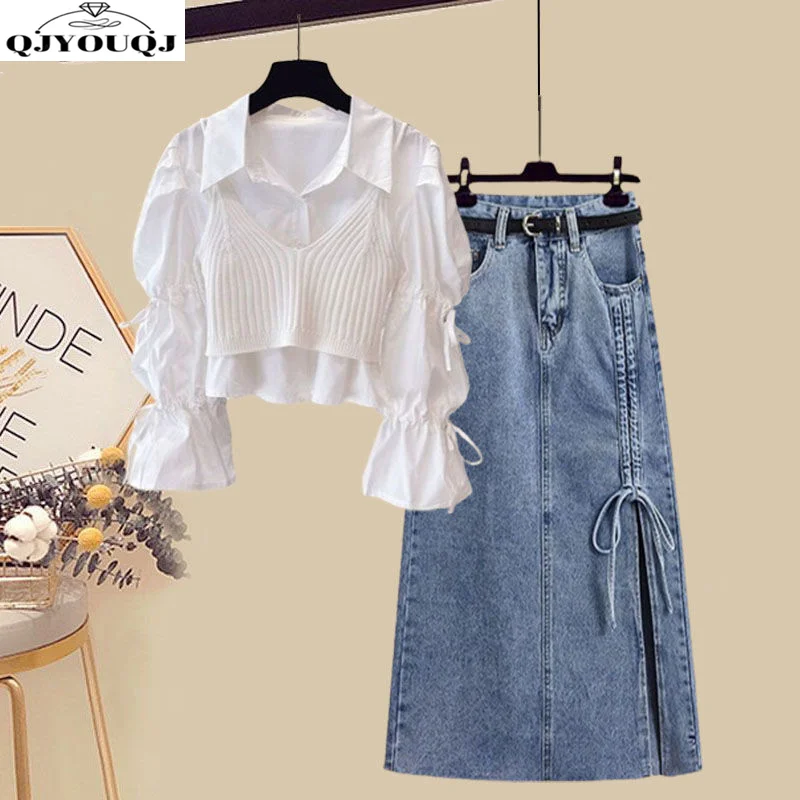 Large Women's Set 2023 Spring/Summer Korean Edition New Fashion Straps+Slim Fit Shirt Denim Skirt Three Piece Set