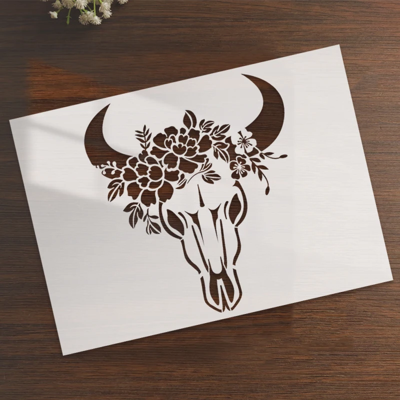 YOMDID 1pc Ox Head Flower Painting Hollow Out Template Reusable DIY Ox Head Pattern Graffiti Airbrush Decorative Stencils