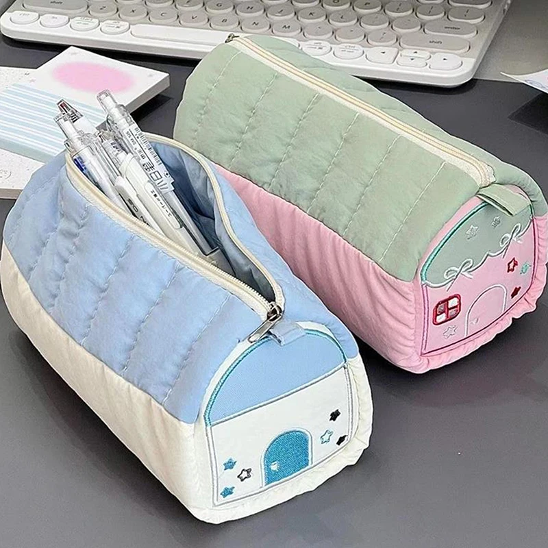 Cute Girl's Heart Pink Blue House Pencil Cases Large Capacity Storage Bags Cosmetic Bag Student Stationery School Supplies Gifts image 4