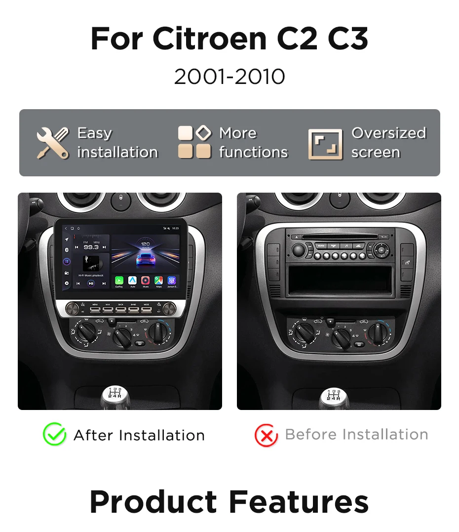 Junsun 10,1-Zoll-Autoradio für Citroen C2 2001 2002-2010, kabelloses CarPlay, Android Auto, intelligente Systeme, IPS-Touchscreen mit physischen Tasten, DSP, GPS-Navigation, WiFi, DAB+, RDS, FM/RAM, BT, SWC, Plug-and-Play, 2DIN-Multimedia-Player – Detail 4