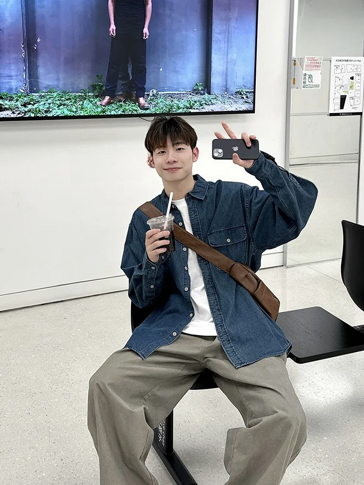 

Waed Denim Long Sve Loose Men's irt Spring Autumn New Sle Japanese Sle Casual Outerwear Jeans Top Youth Faion