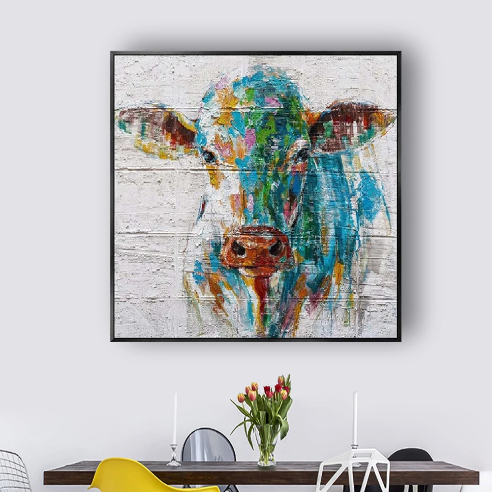 

Modern Animal Canvas Picture 100% Hand-Painted Abstract Cattle Cow Oil Painting Wall Art Poster For Home Living Room Decor Mural