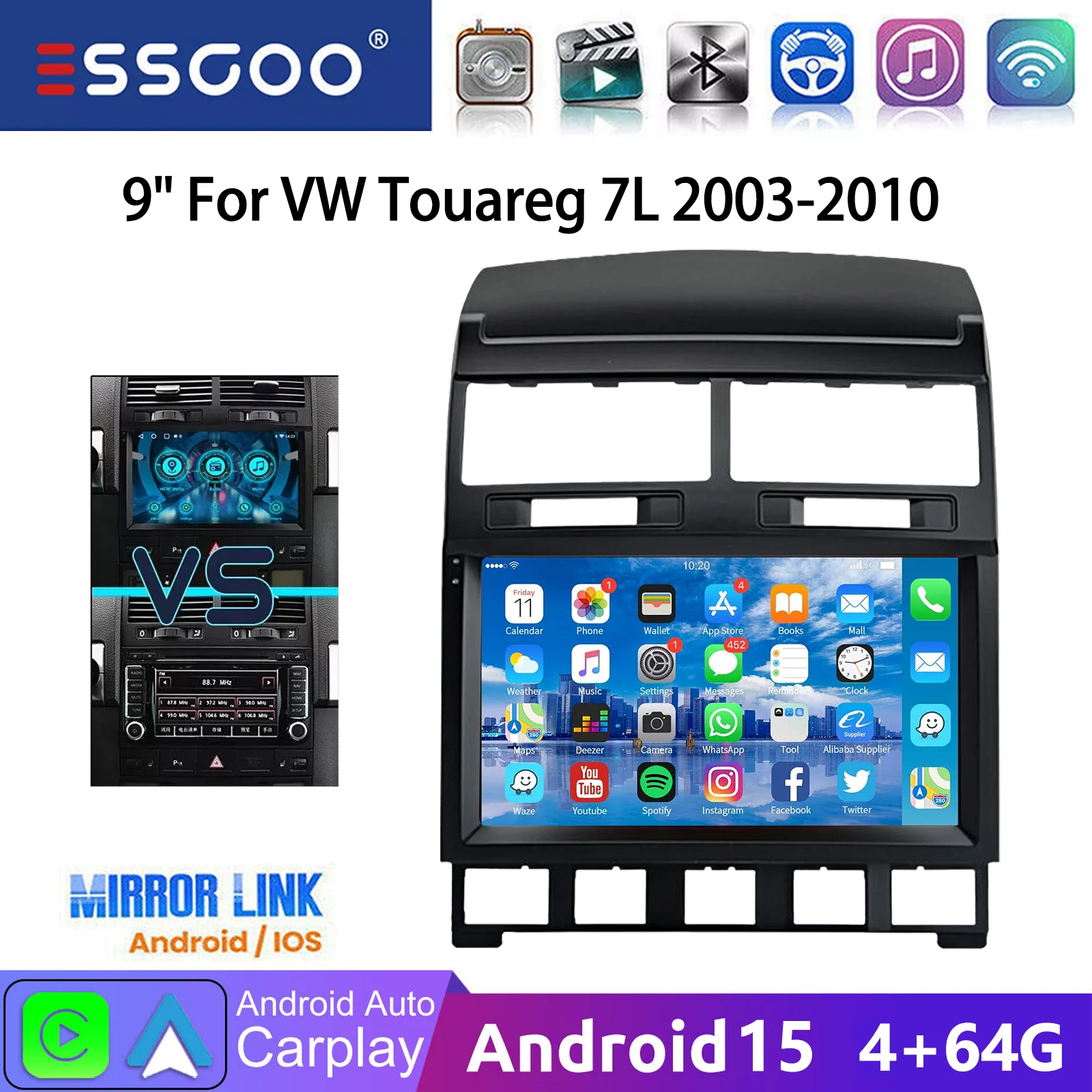 ESSGOO 9" Android 15 4+64GB für VW Touareg 7L 2003-10 Autoradio Kabelloses Carplay Android Auto GPS-Navigation FM BT RDS SWC Mirror Link