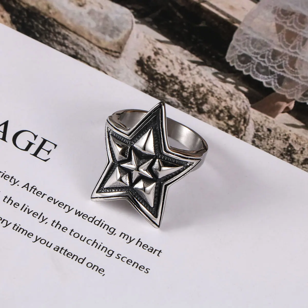 1Pcs Punk Retro Non-Fading Stainless Steel Ring Men's Trendy Five-Pointed Star Ring Rock and Roll Index Finger Ring