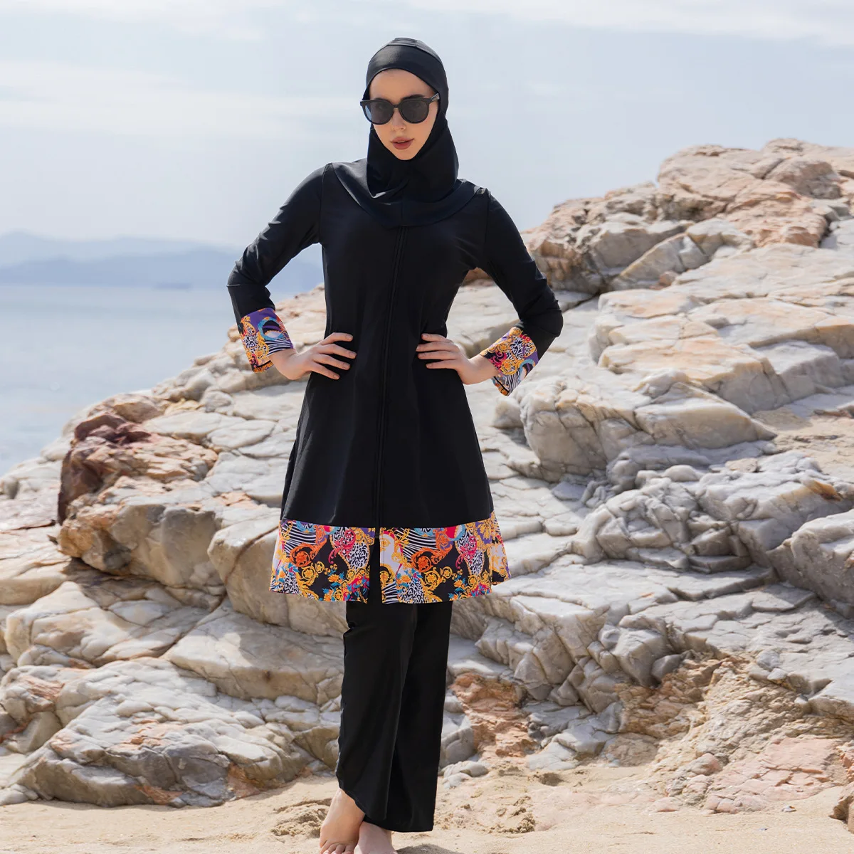 3‑Piece Modest Muslim Swimsuit Burkini Long Sleeve Full‑Coverage Floral Print Trim Conservative Bathing Suit Beach Pool Swimwear