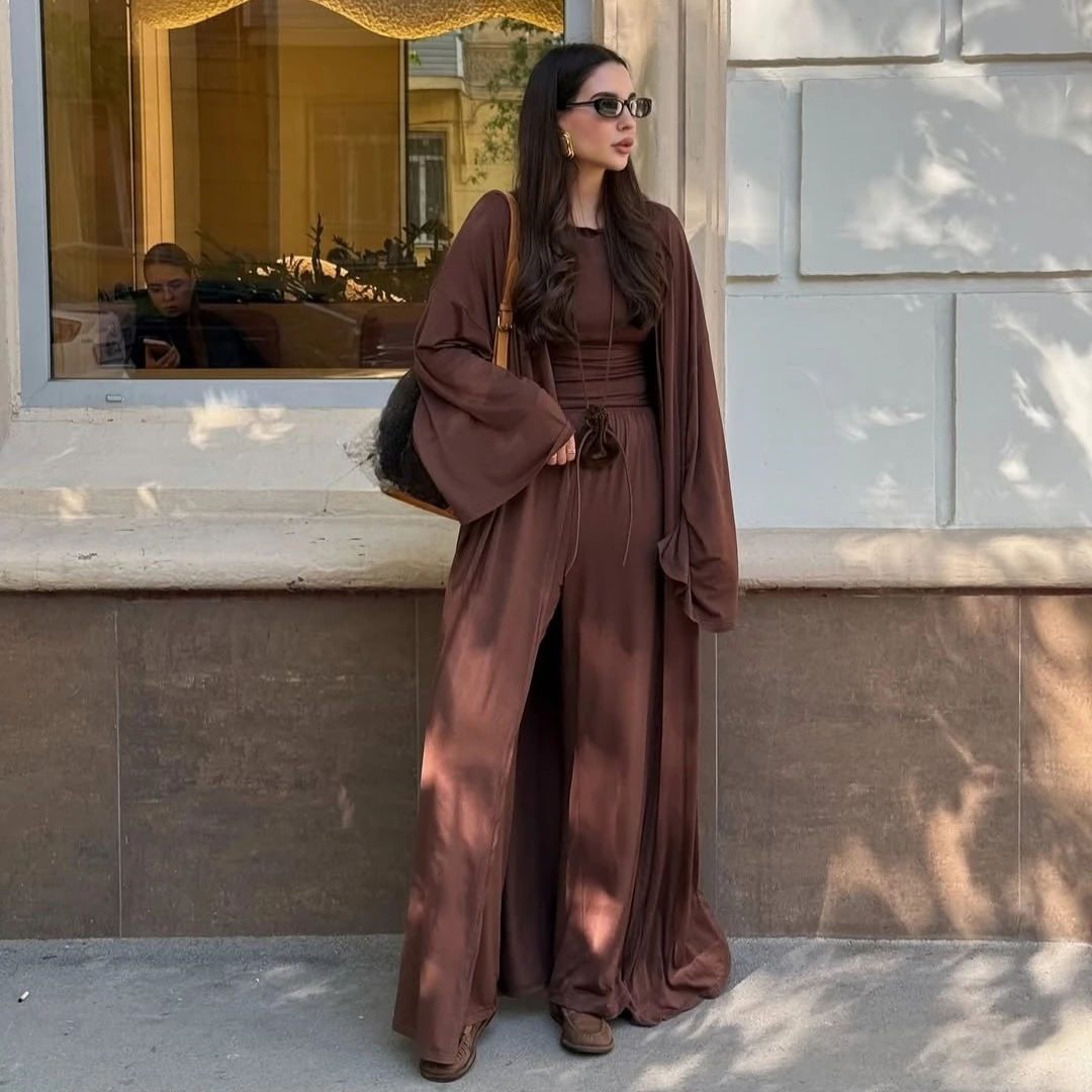 

Suninbox женский лето 2025 г., новый повседневный длинный кардиган, топ с длинными рукавами, брюки с высокой талией, модный комплект