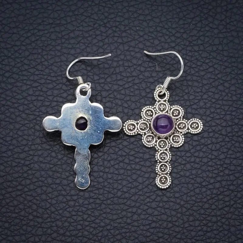 StarGems Natural Amethyst&Cross Handmade 925 Sterling Silver Earrings 1 3/4