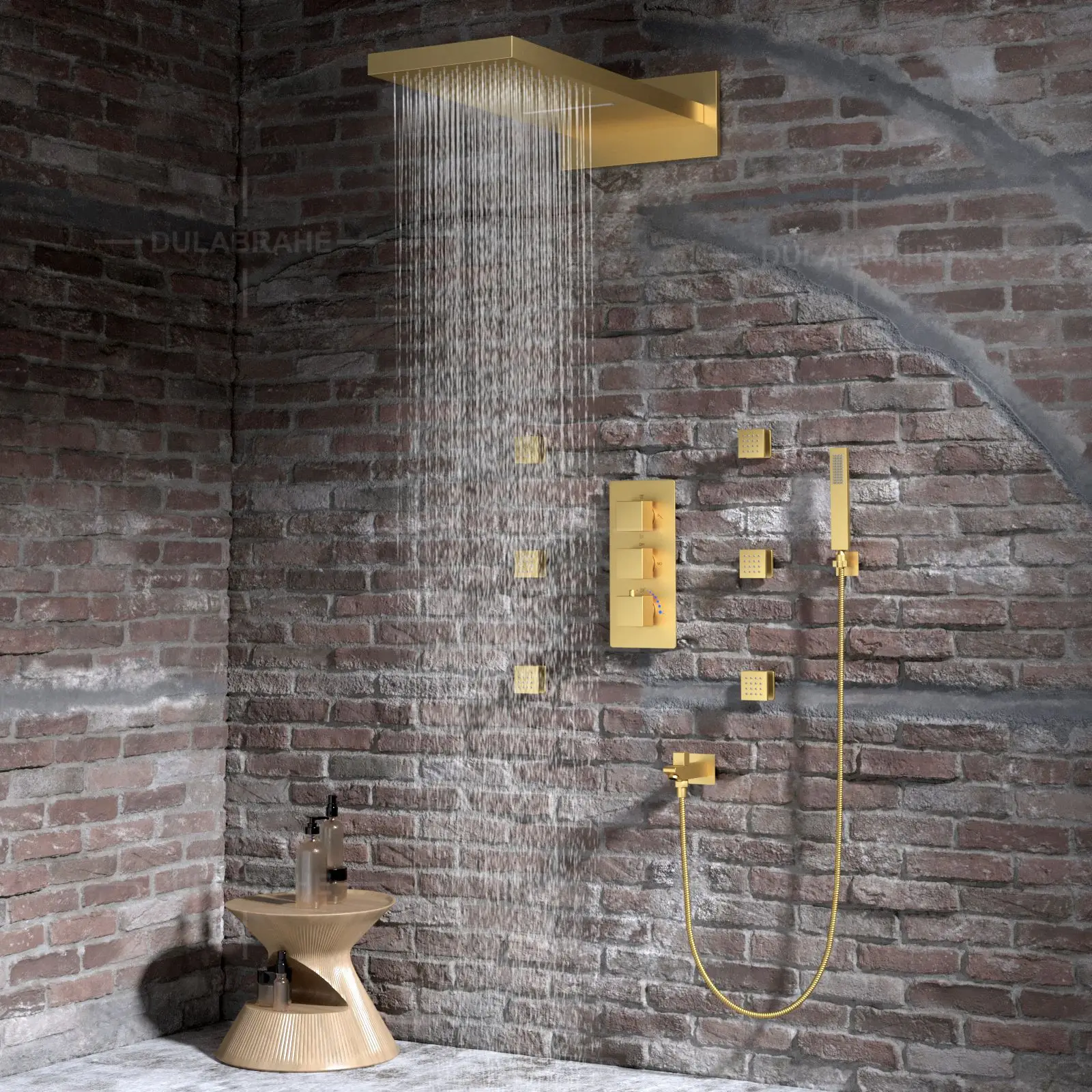 Feiyu Waterfall Shower Head Set with Brass Thermostatic Valve Body Wall Mounted Concealed Design for Bathroom