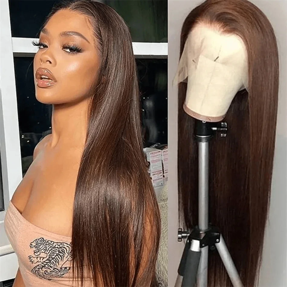 Chocolate Brown Straight Lace Frontal Wigs 13x4 Lace Front Human Hair Wigs 200 Density Full Lace Wigs Baby Hair For Chic Women