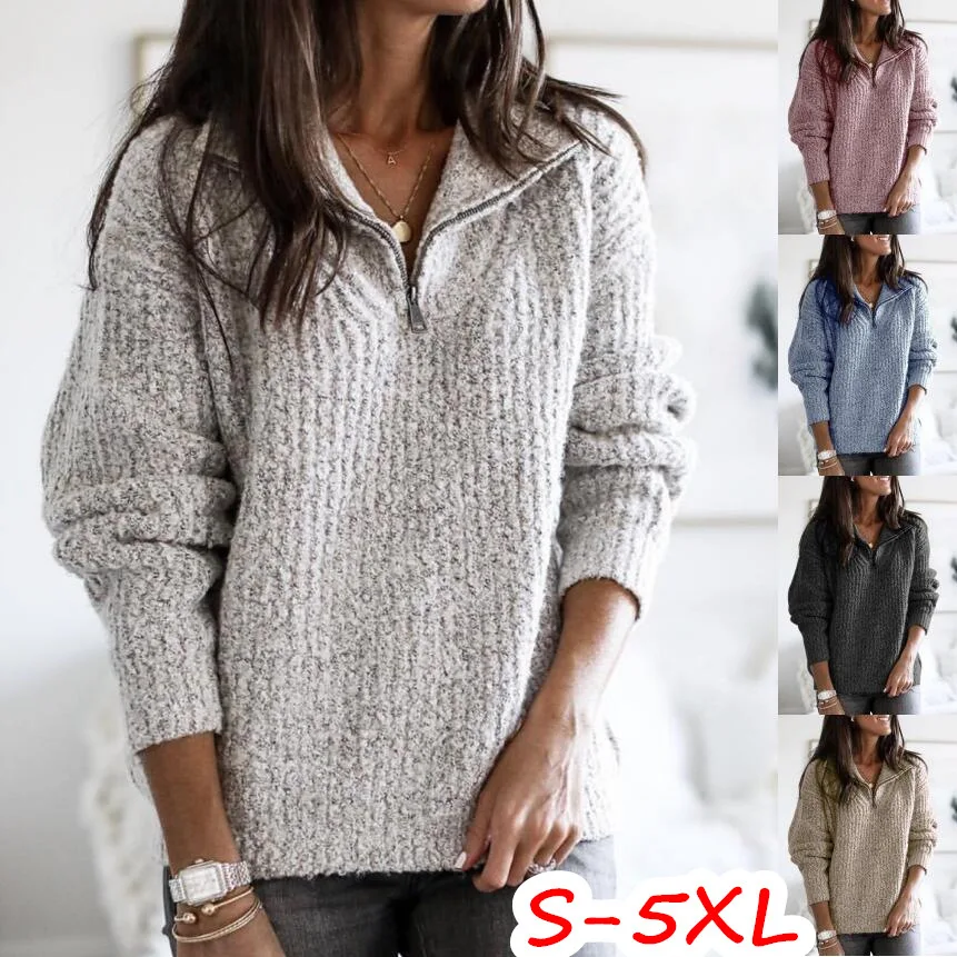 Spring Autumn Women Fashion Slim Solid Cotton Knitted Sweaters Vintage Long Sleeve Zip-up New Casual Female Pullovers Chic Tops