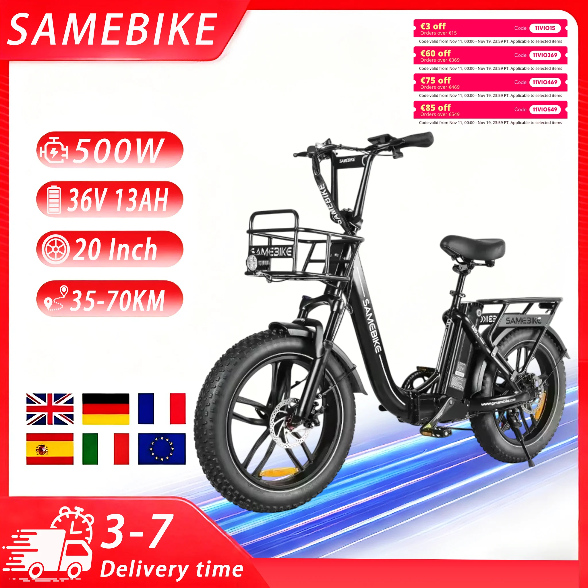 SAMEBIKE Klappbares E-Bike, 500 W, leistungsstarker Motor, 36 V, 13 Ah Lithium-Batterie, Elektrofahrrad für Erwachsene, 20-Zoll-Fat Tire City-Elektrofahrrad