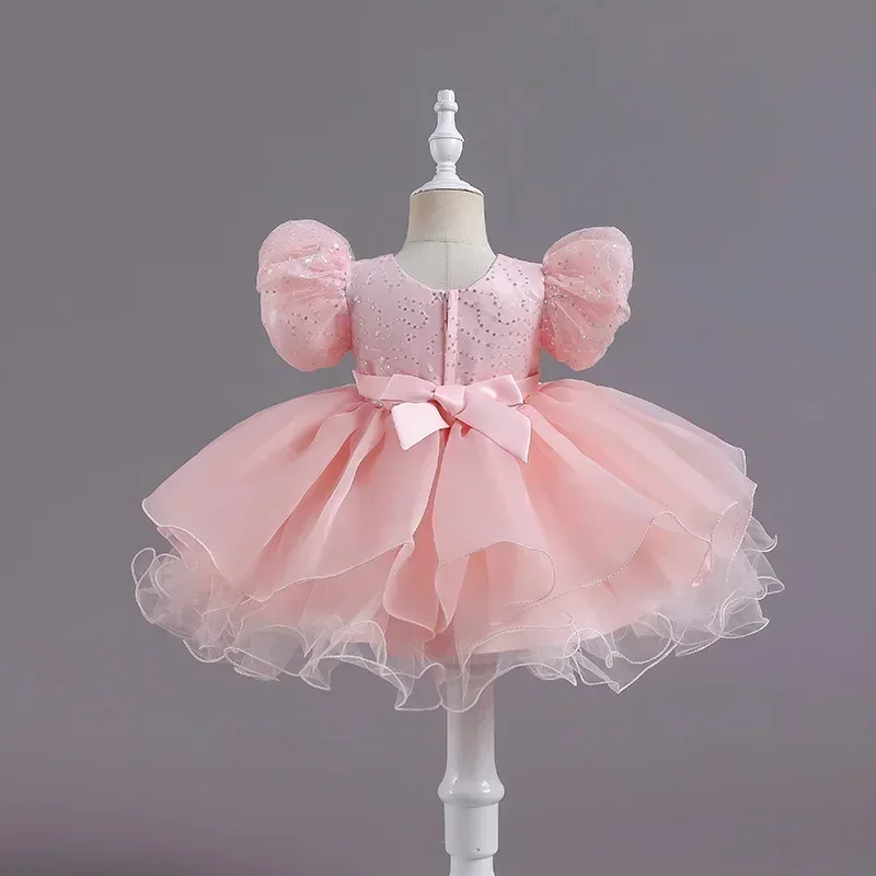 فستان الأميرة الوردي للأطفال البنات لعيد الميلاد الأول مزين بالترتر وأكمام منتفخة من التول للرقص وحفلات الأطفال الصغار فساتين زرقاء