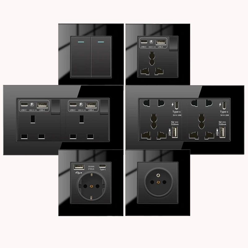 Interruttore per applique da parete di alta qualità in vetro nero UK EU presa a muro, tipo c Usb 1Gang 2Gang 3Gang switch typeC18W presa di ricarica