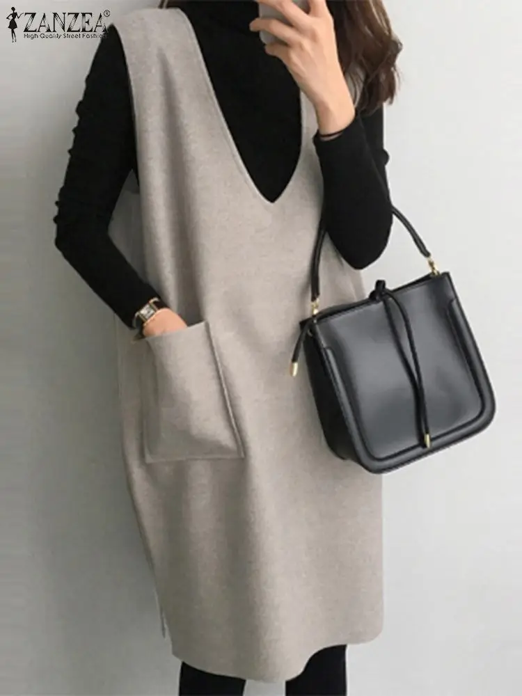 ZANZEA Holiday Sleeveless Oversize Robe 2023 Winter Solid Dress Vintage Women Corduroy Dress Casual Loose Sleeveless Apron Dress