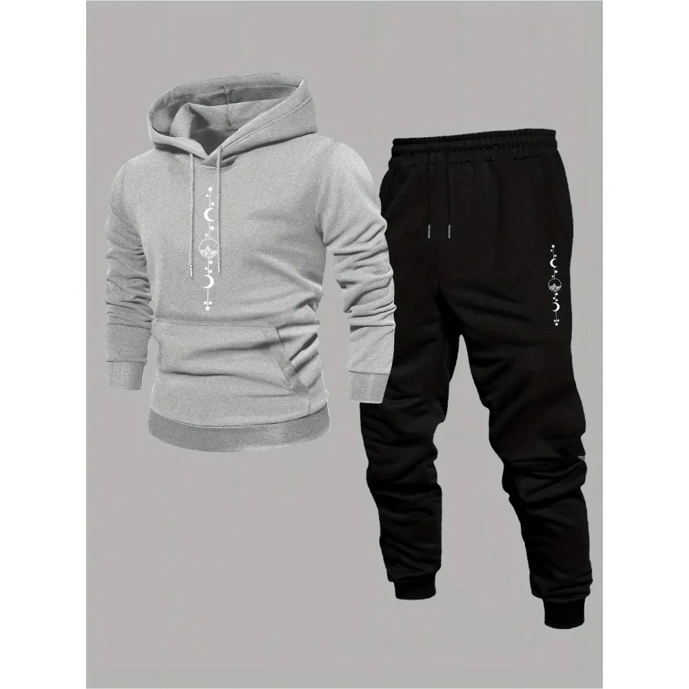 Men's Autumn Winter Hooded Sweatshirt Set Casual Sportswear Trendy American High Street Printed Jacket And Pants Full Set view 2