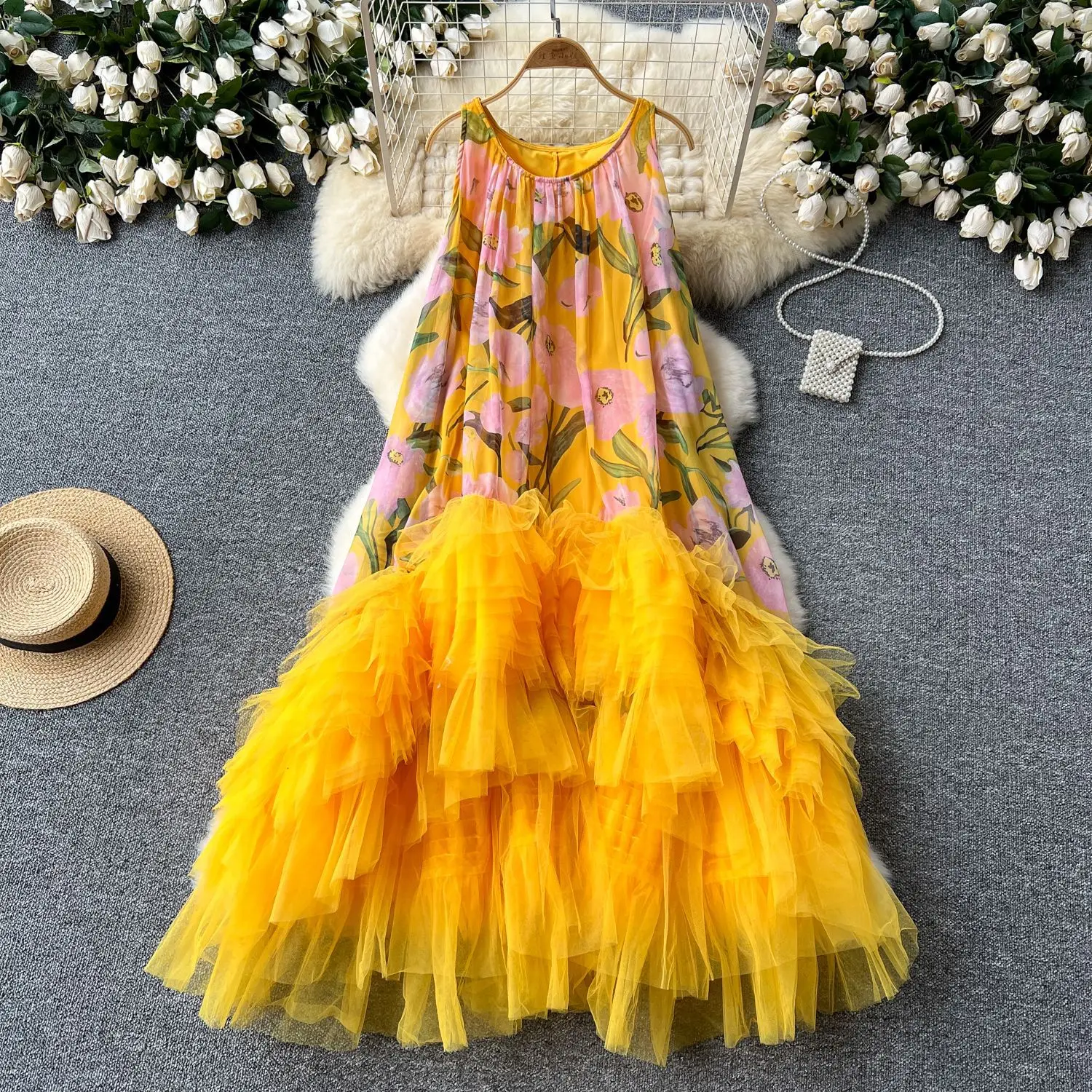 

Mid Length Dress Women Dresses Print Irregular Vestidos Round Neck Sleeveless Elegant Splice Y2k Streetwear Party Night Ruffles