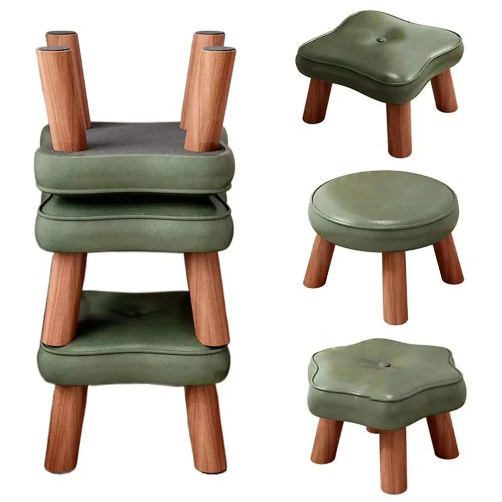 Soft Solid Wood Small Foot Stool Non-Skid PU Leather Low Seat Stackable Thickened Sponge Cushion Multifunctional Small Footrest