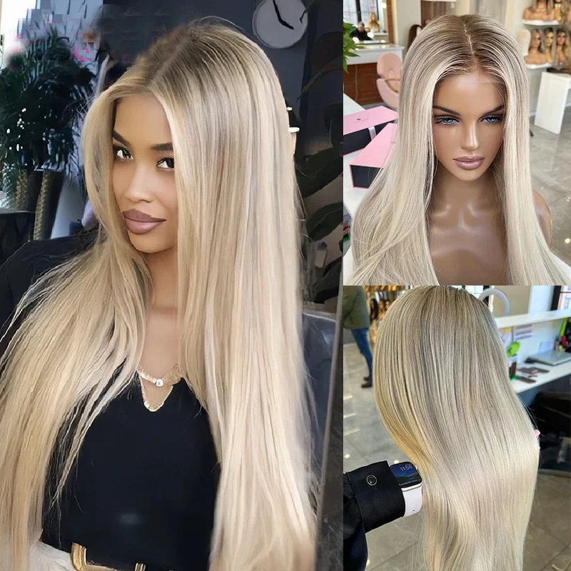 Balayage Ombre Ash Blonde Brown Highlight 100% Human Hair Lace Front Wigs