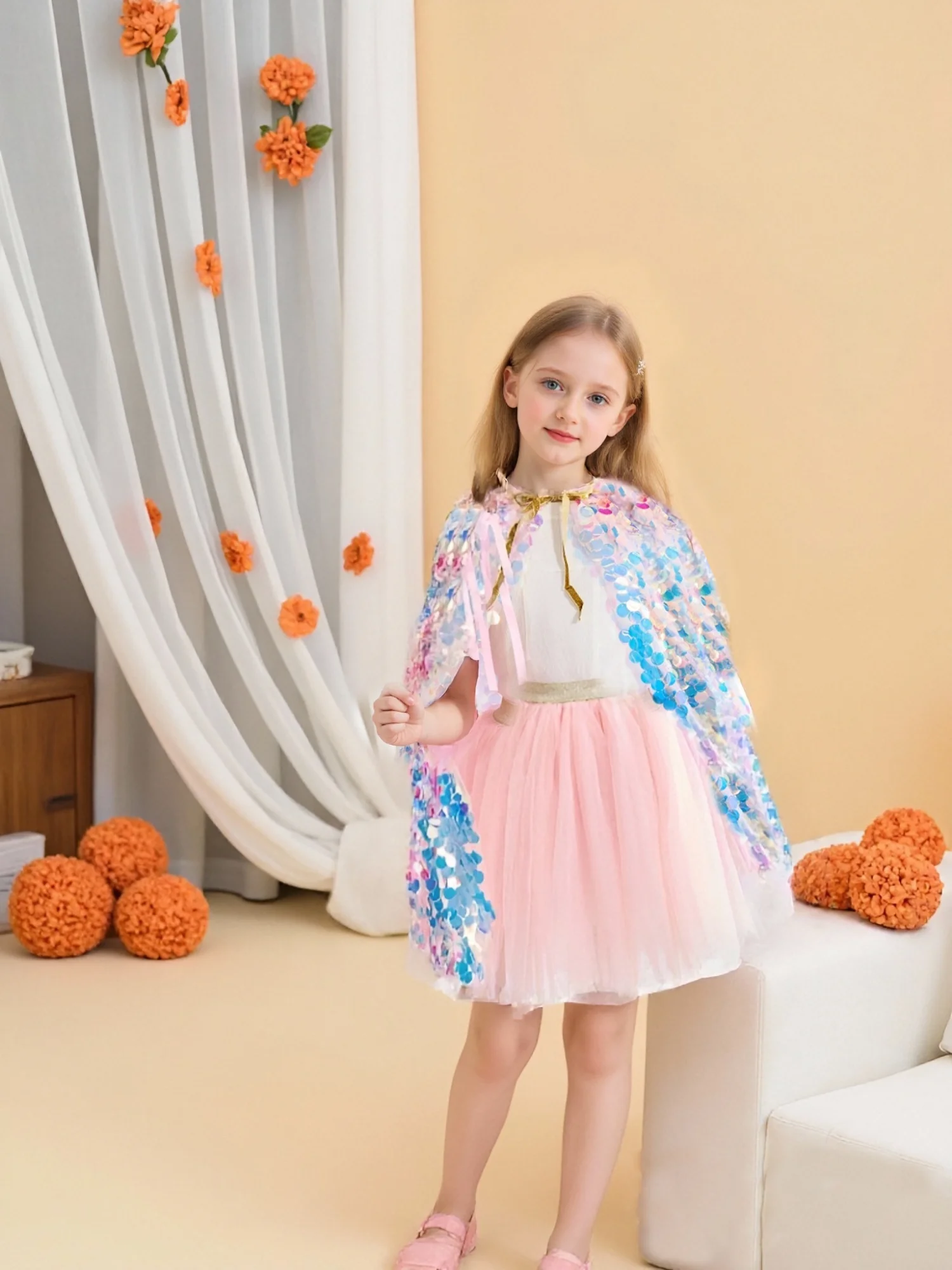 Mermaid Sequins Cloak Girl Props Princess Ball Crown Set Children's Princess Photography Costume Makeup Party Halloween Cosplay