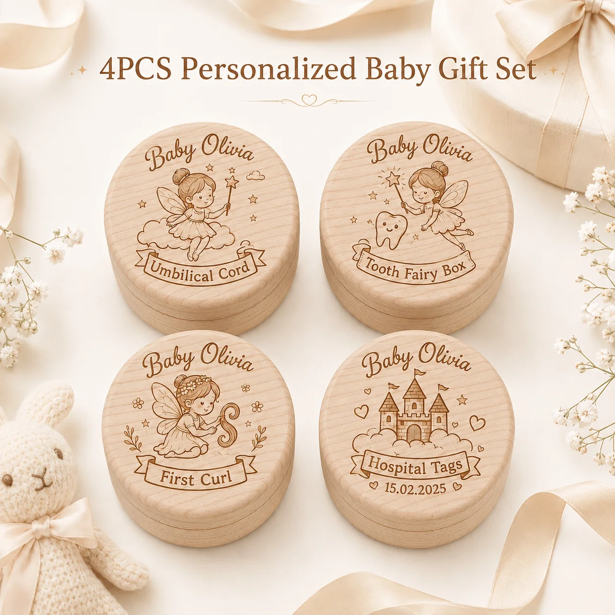 4-piece personalized wooden keepsake box, customizable with engraved names and dates, for storing umbilical cord, wristband tags