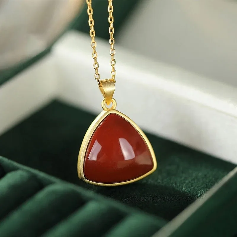 Original Design Southern Red Tourmaline Triangle Geometric Pendant Ancient Gold Craft Chinese Charm Ladies Silver Jewelry