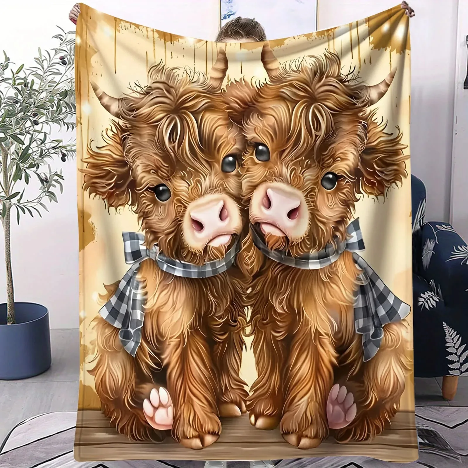 

Minimalist Nordic Highland Cow Flannel Blanket Bedroom Throw Sofa Kids' Room Office Nap Blanket Workers Students Family Couples
