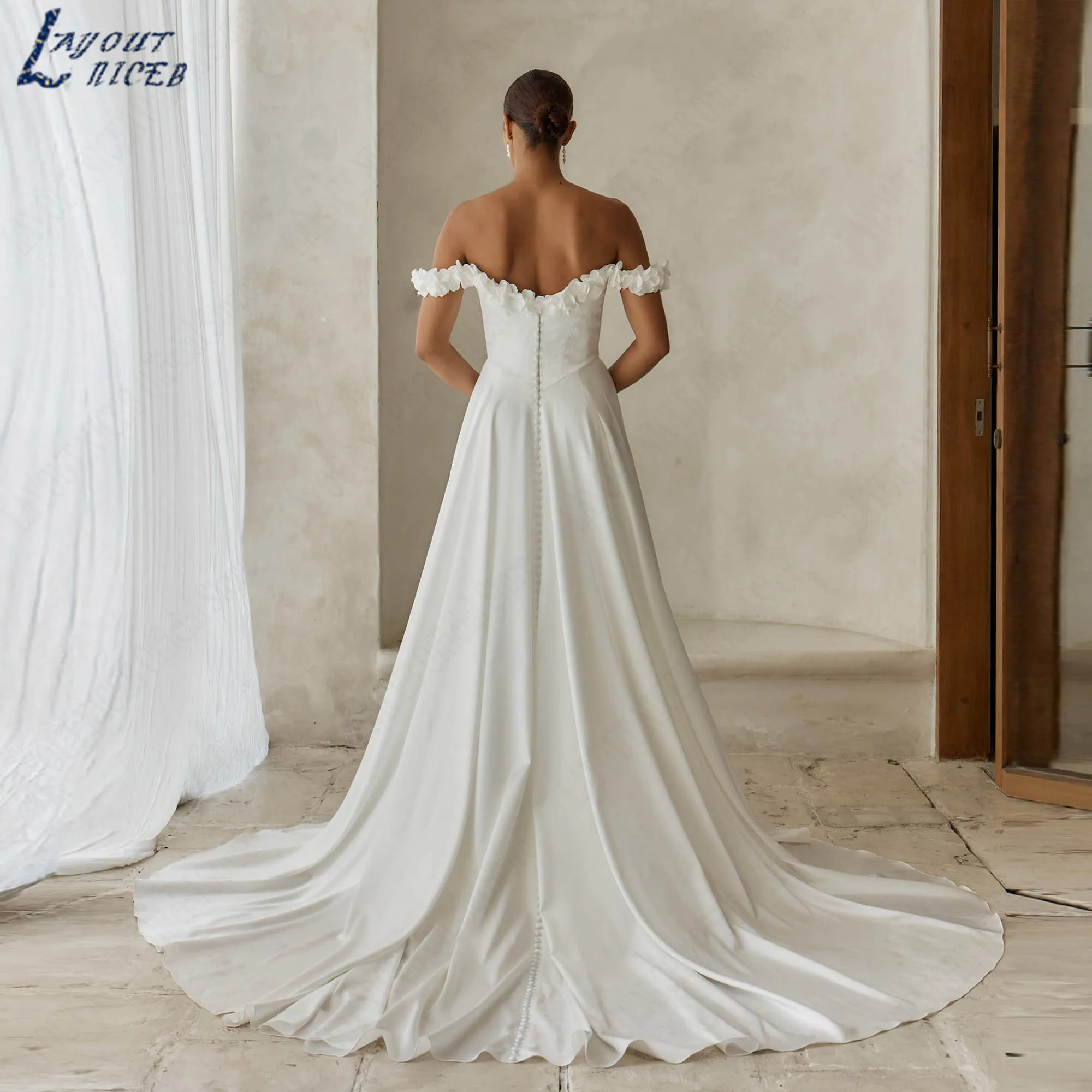 Off Shoulder Satin Wedding Dress with 3D Florals A-line Slit Sweetheart Bride Gowns Backless Simple vestidos de novia Customized