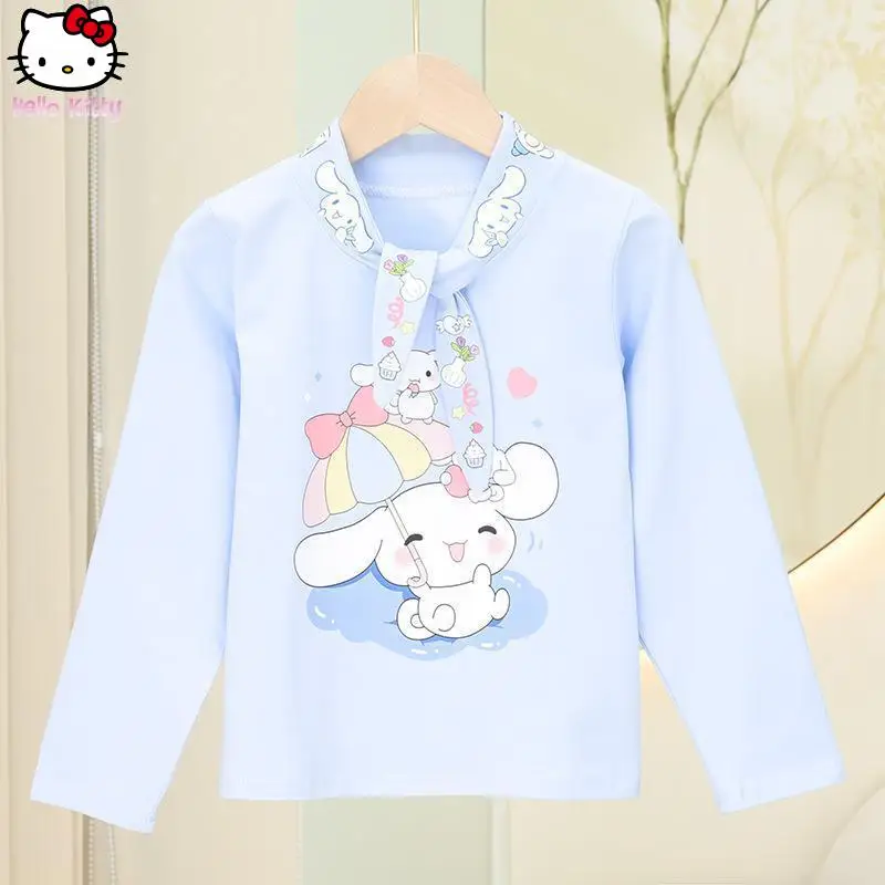 

Осенние новые хлопковые топы с длинными рукавами Hello Kitty Melody для девочек, детская модная футболка Kuromi Cinnamoroll, приятная для кожи.