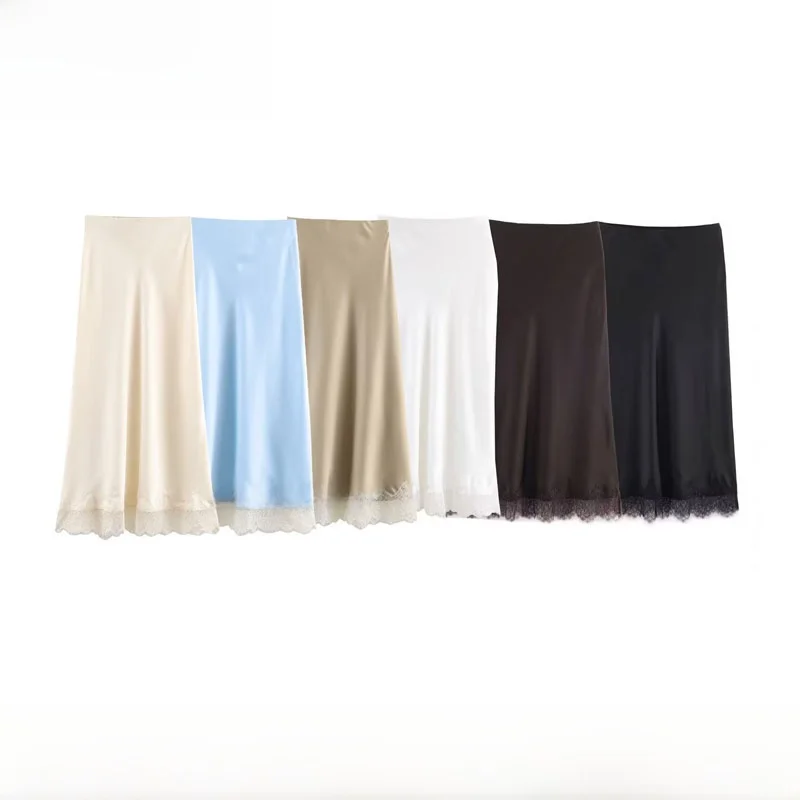 Faionable Lace Trim Silk Satin Midi Skirt Women's New Autumn Winter High Waist Straight Cut Stand Fit Ci Commute Casual