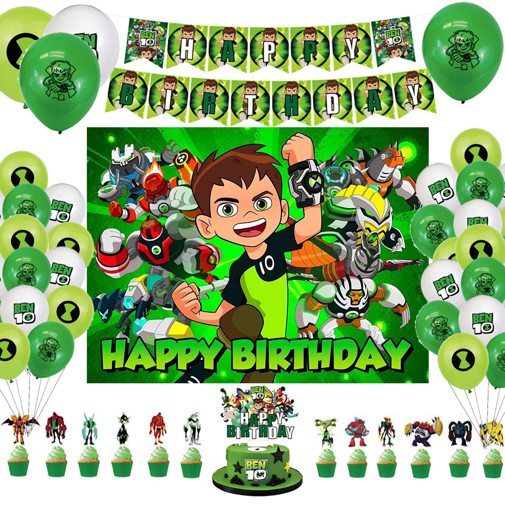 

Cartoon Green Boy Birthday Party Supplies Balloon Cake Topper Ben-10 Background Baby Shower Banner Backdrop Photo Studio Decor
