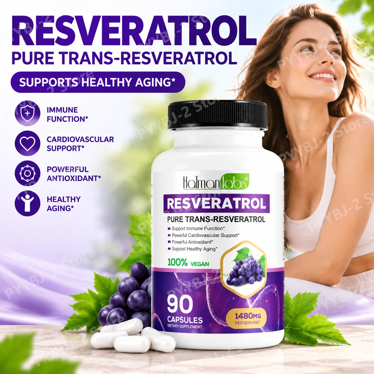 Pure Trans-Resveratrol Capsules 1480mg with Quercetin Black Pepper Extract Antioxidant Immune Heart Healthy Aging Support 90 Ct