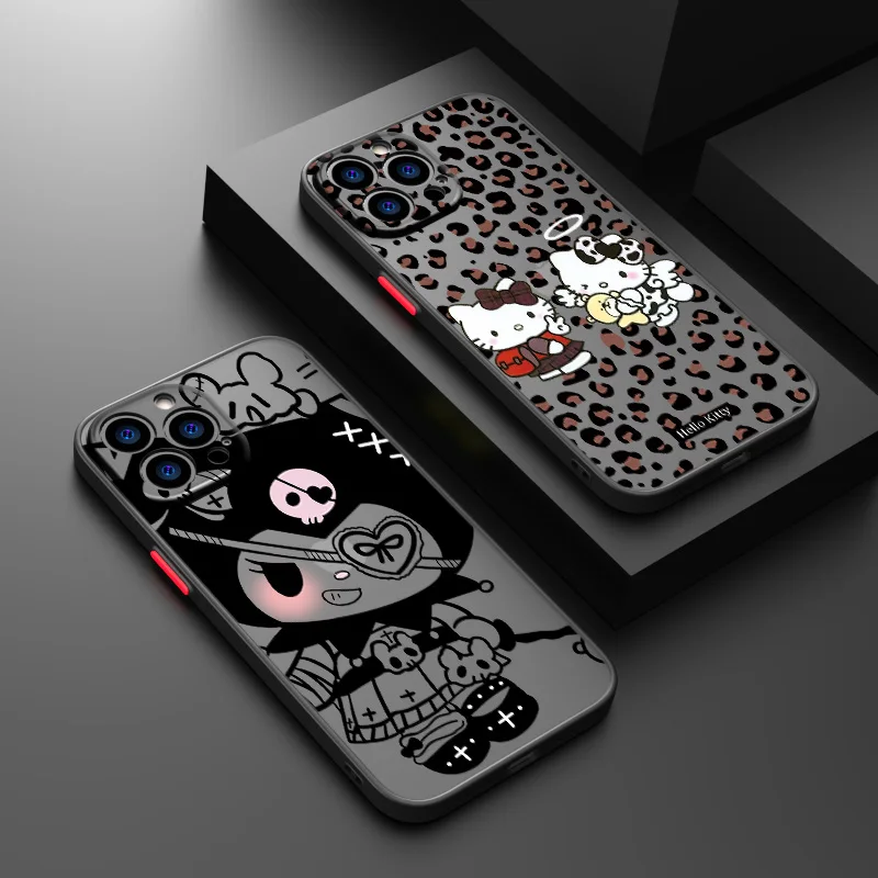 

Black Leopard Print Hello Kitty Phone Case For Redmi Note 13 12 11 10 12S 11T 11E 12Turbo Pro Max Plus Frosted Translucent Funda