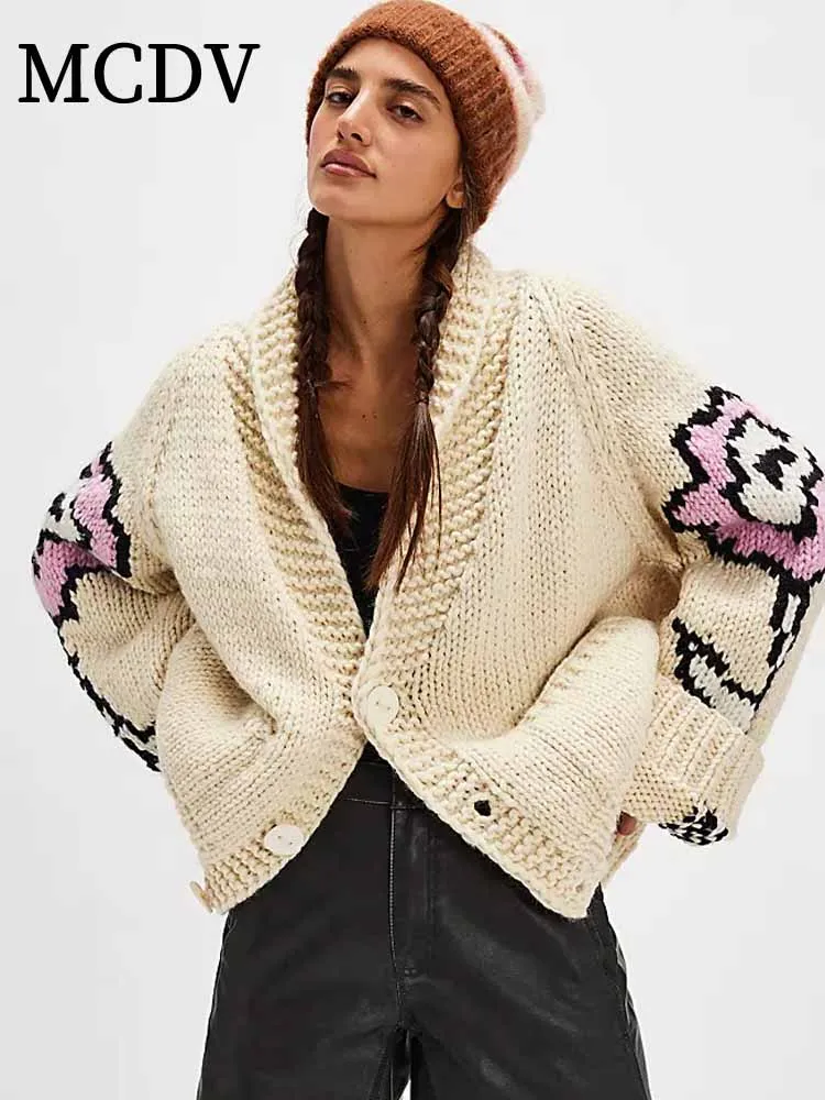 

MCDV Casual Print Women Knitted Cardigan Autumn Winter Long Sleeve V-neck Single Breasted Loose Sweater Coat Thick Warm Knitwear