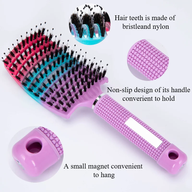 2pcs Barber Hairdressing Styling Wet Dry Boar Bristle Hair Brushes Curly Wet Dry Hair Detangling Massage Curved Vent Brush